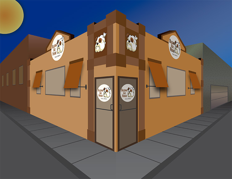perspective grid drawing of a building using the redesigned logo