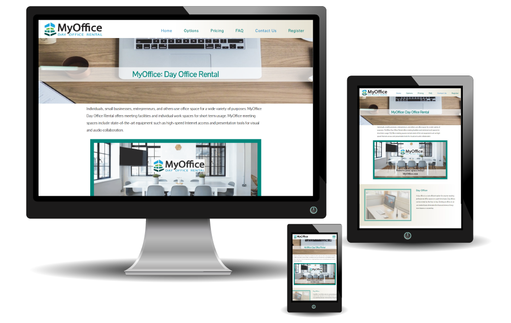 image of MyOffice home pages display on various size screens