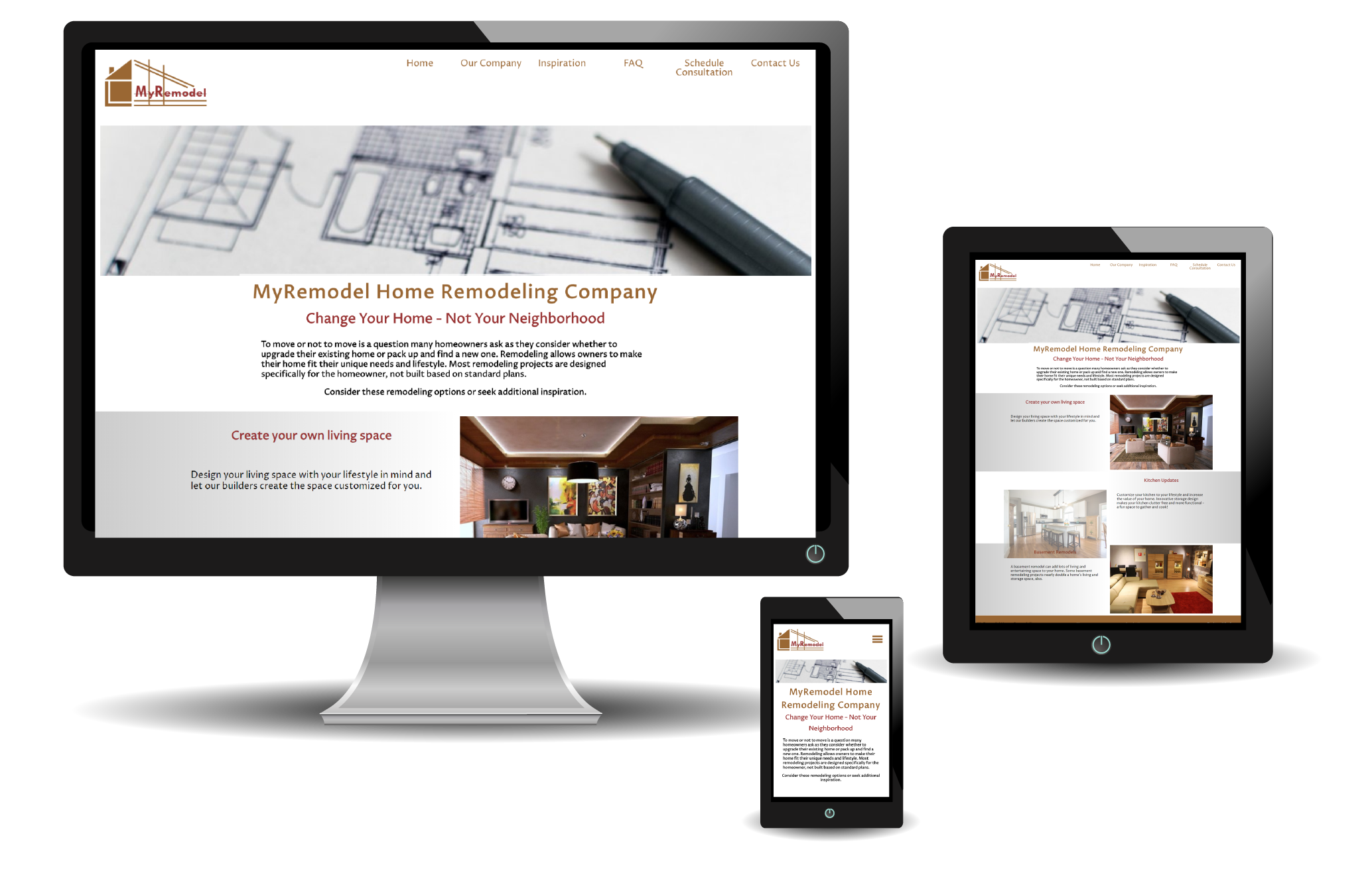 image of MyRemodel home pages display on various size screens