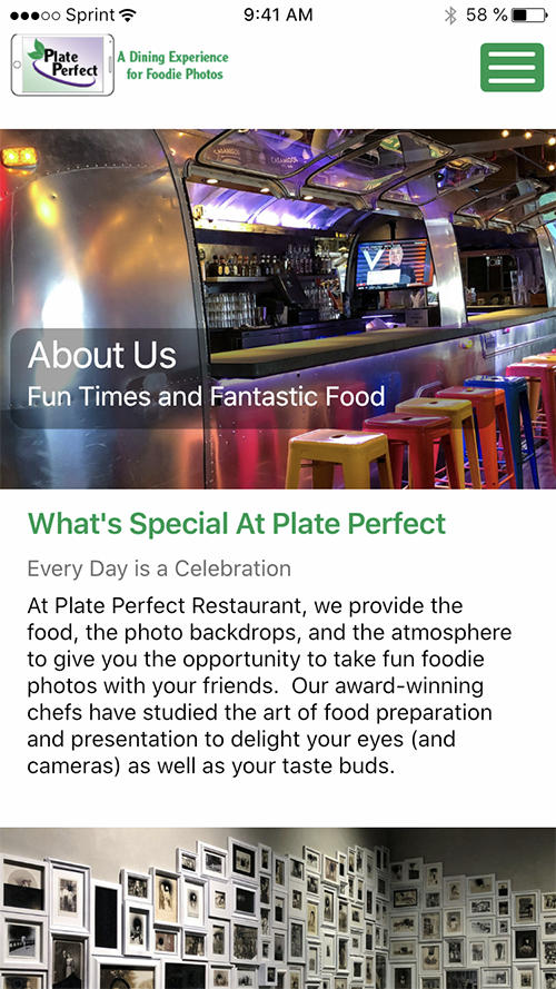 About page of Plate Perfect Restaurant App