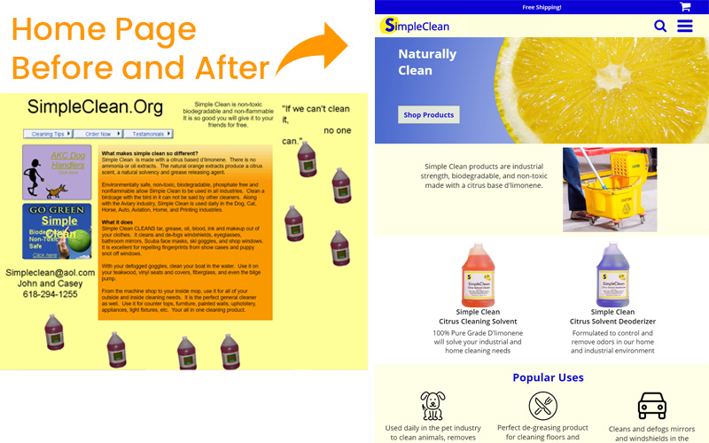 Home page before and after of Simple Clean website prototype project