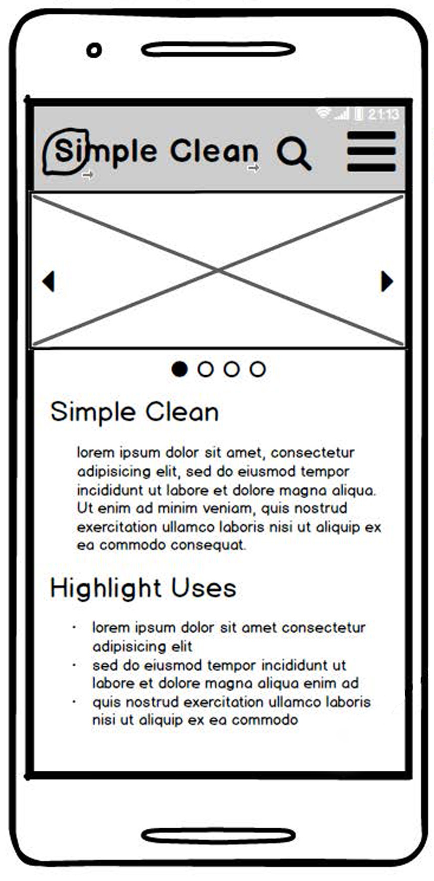 wireframe of Simple Clean mobile home page